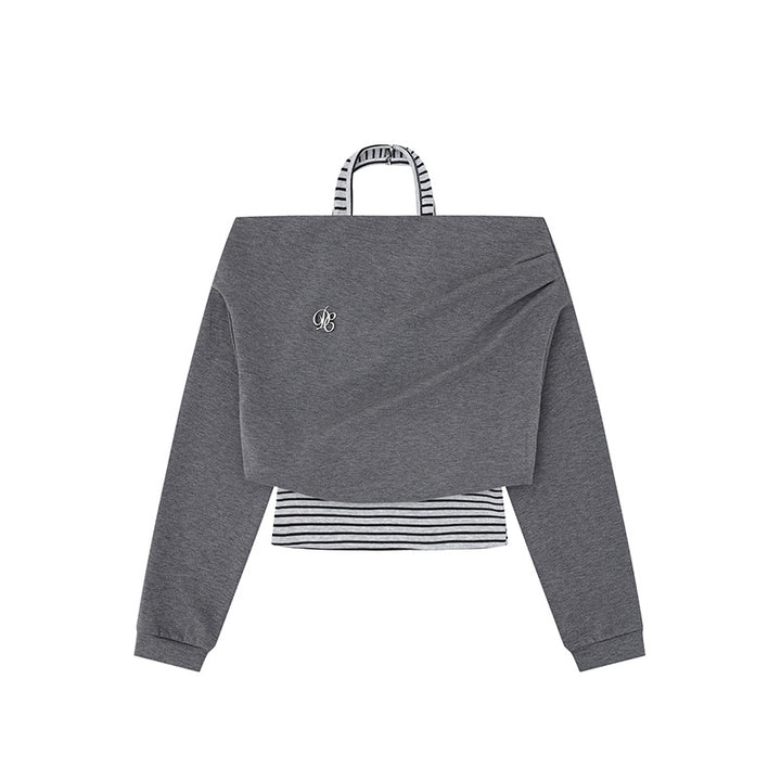 Women's Cropped Layered Hoodie with Integrated Striped Under-Shirt, Hood and Casual Raglan Cut