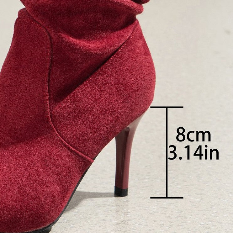 Ladies Ruched Knee-high Velour Boots with Pointed Toe and Sleek Stiletto Heel Amarae