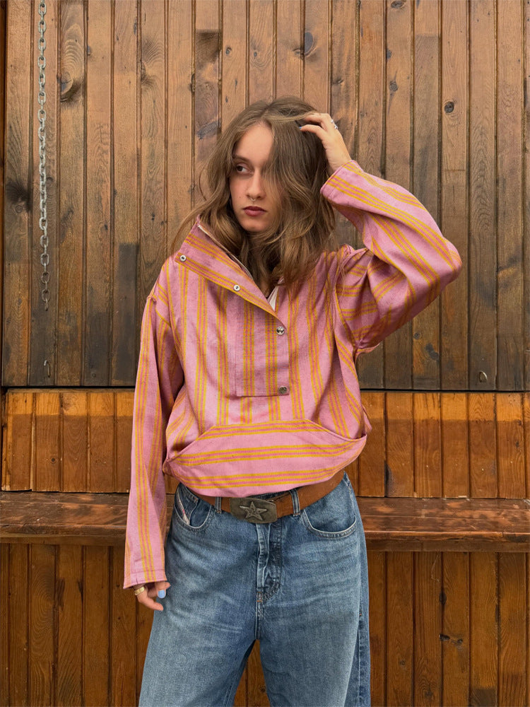 Women Oversized Stripe Sweater with Half Zipper, Stand Collar and Kangaroo Pocket Amarae