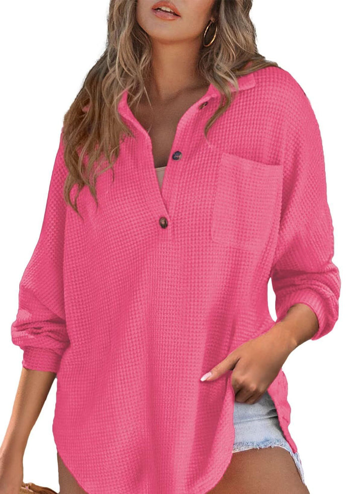 Casual waffle knit sweater for women with button placket and chest pocket Lune London