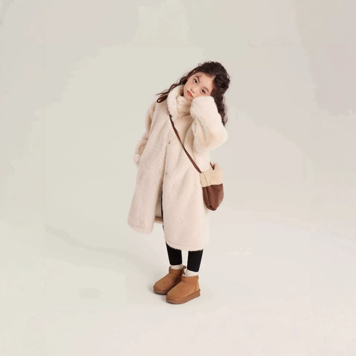 Ladies Cozy Faux Fur Coat with High Stand-Up Collar and Straight Cut Amarae