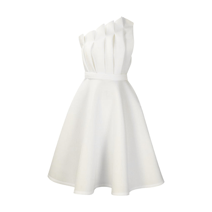 Charming one-shoulder dress for ladies with draping and fitted belt Lune London