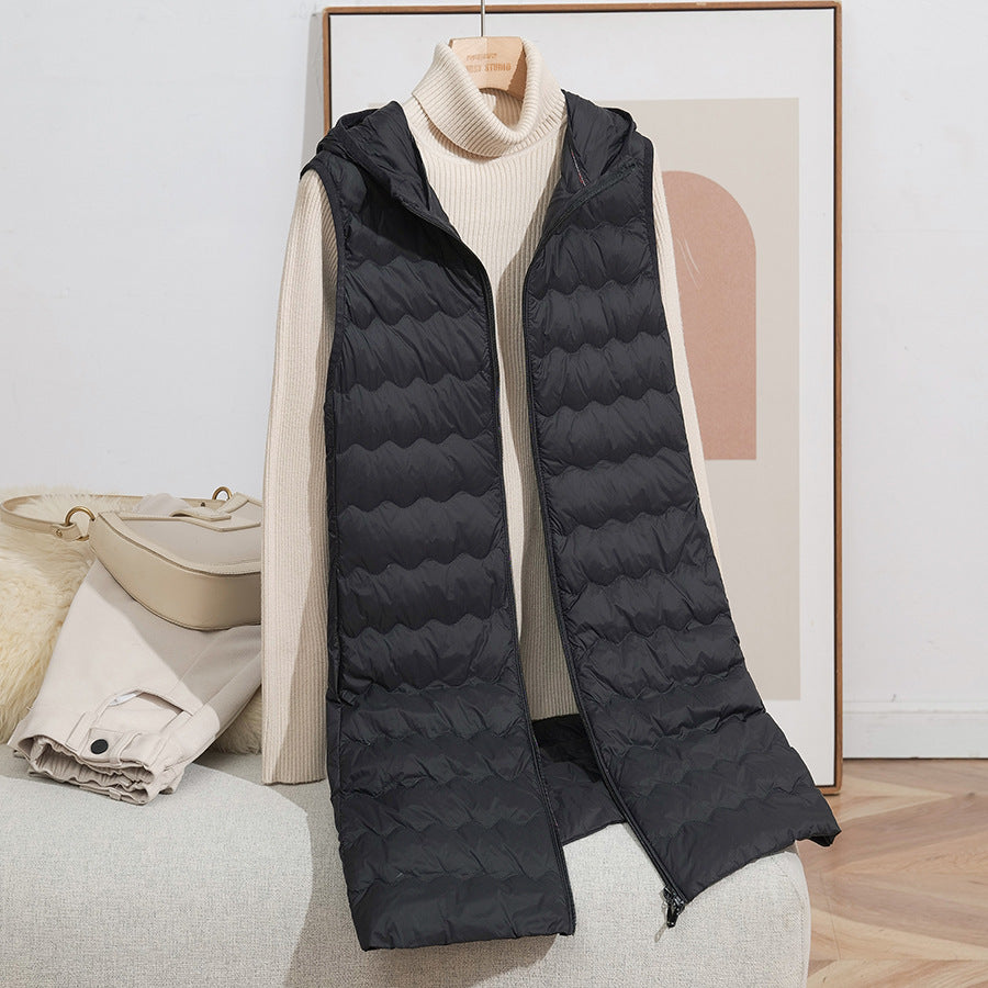 Women's Long Quilted Hooded Vest with Ultralight Thermal Filling and Two-Way Zipper Amarae