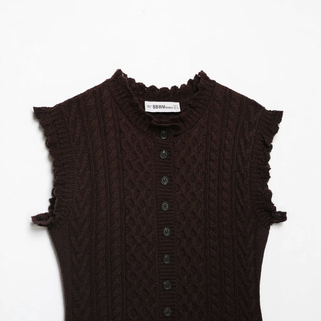 Women's Sleeveless Cable Knit Vest with Button Placket and Ruffled Hem Amarae