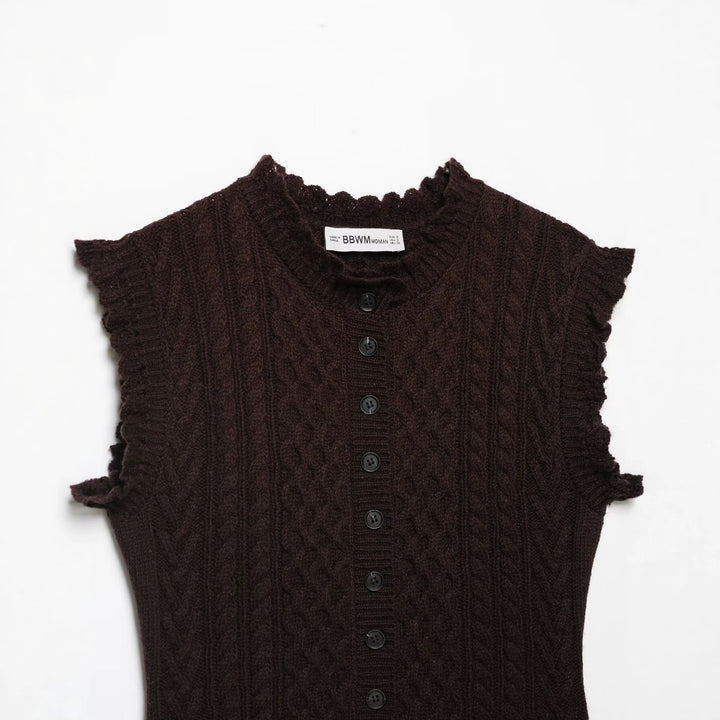 Women's Sleeveless Cable Knit Vest with Button Placket and Ruffled Hem Amarae