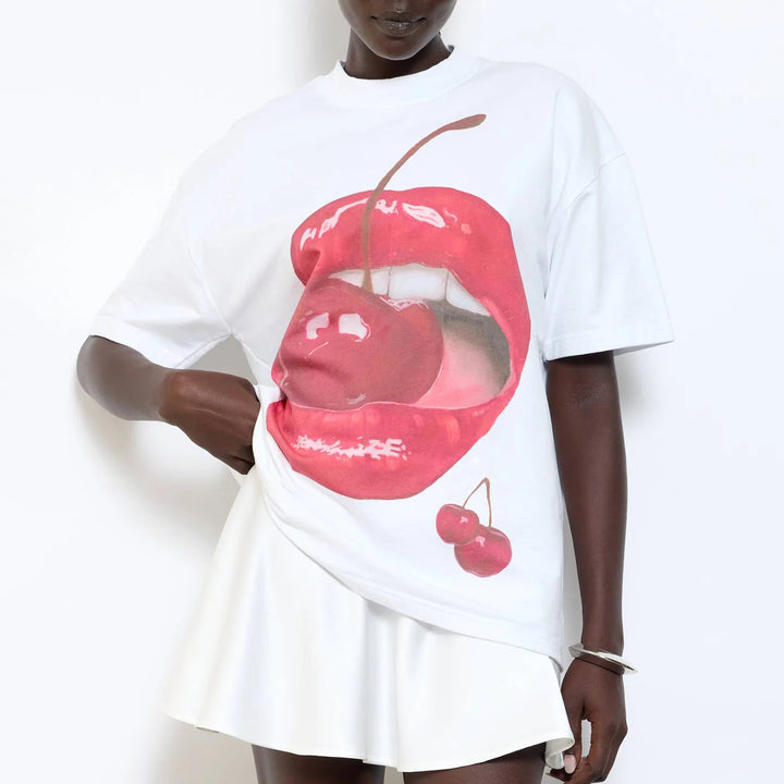 Graphic t-shirt for women with creative cherry pattern Lune London