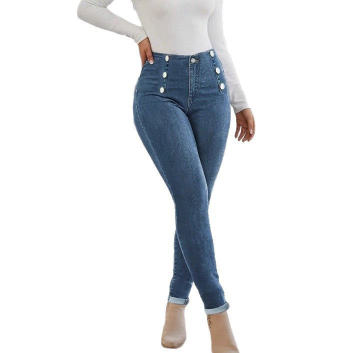Women's High-waisted, figure-shaping Skinny Jeans with double decorative button placket Amarae