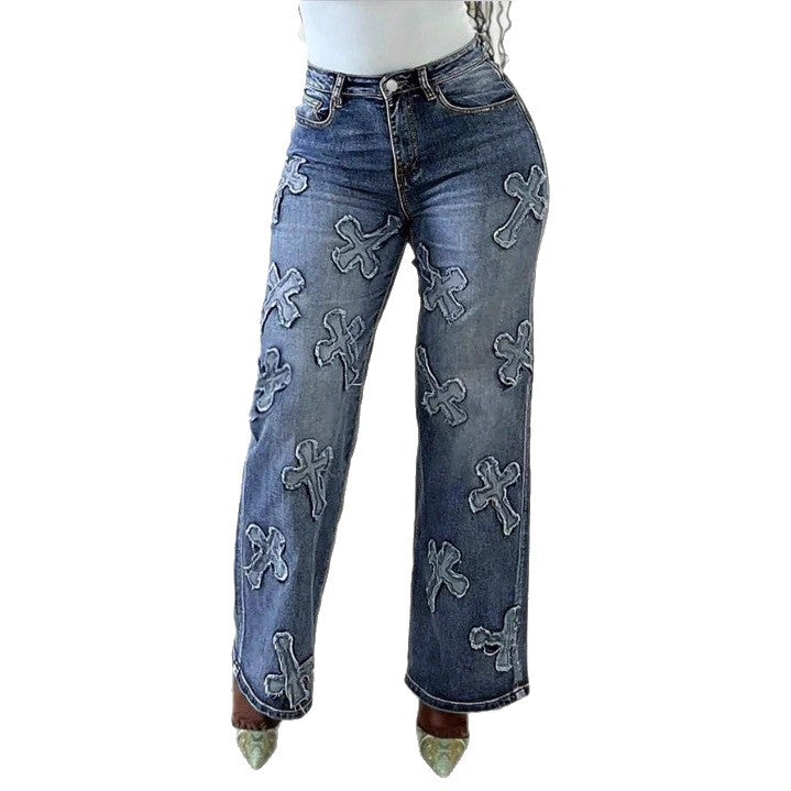 Women High-Waisted Straight-Leg Jeans with Fringed Cross Applications Amarae