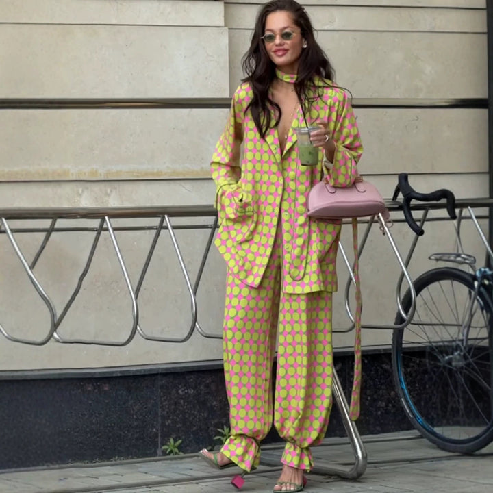 Women Two-Piece Silk Look Suit Set with Oversized Blazer, Wide Pleated Pants & Matching Tube Scarf Amarae