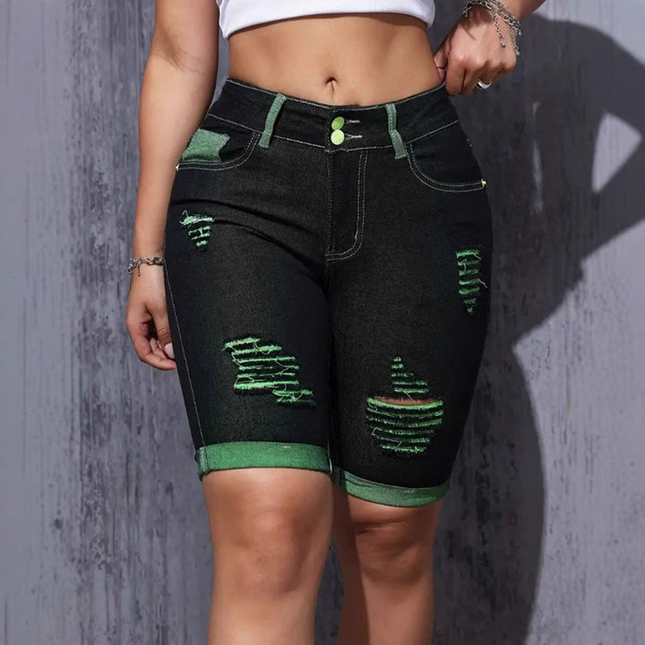 High-waisted distressed denim shorts for women with neon accents Chic & Stil
