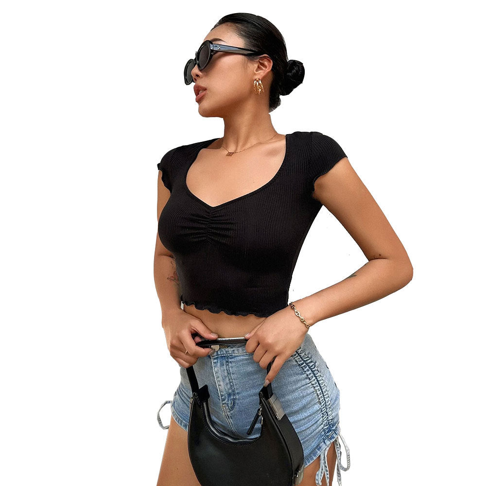 Top court pour femme avec un ruché élastique et un col en V tendance Chic & Stil
