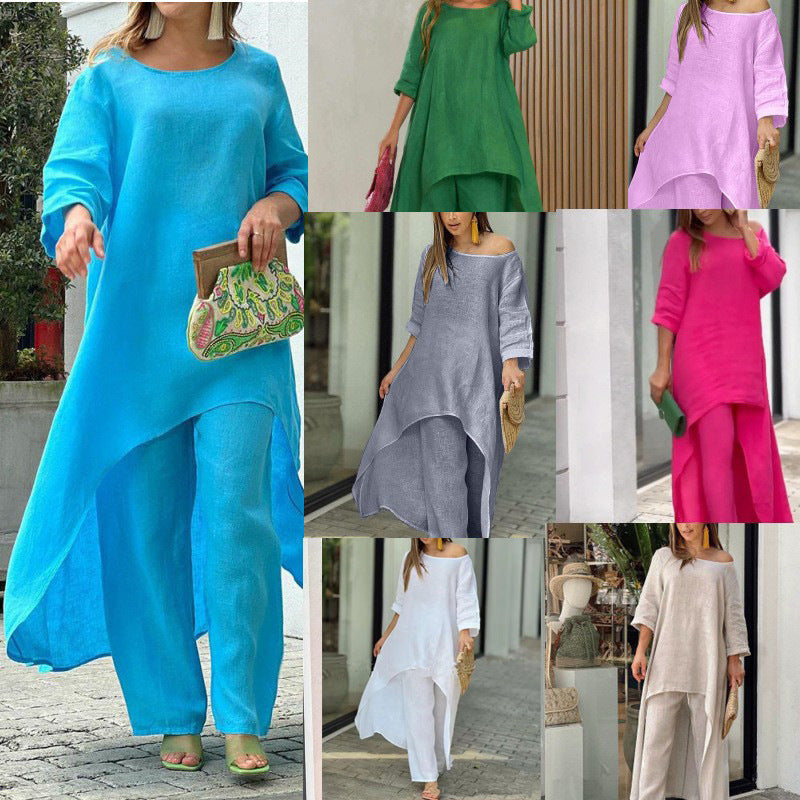 Women Lightweight Linen Two-Piece with Asymmetrical High-Low Tunic and Wide Palazzo Pants Amarae