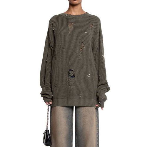 Casual sweater for women with trendy ripped details and decorative appliqués Amarae