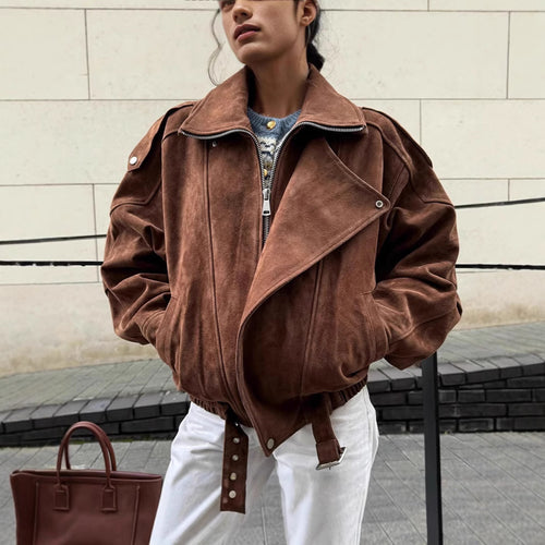 Women's oversized leather jacket with belt Amarae