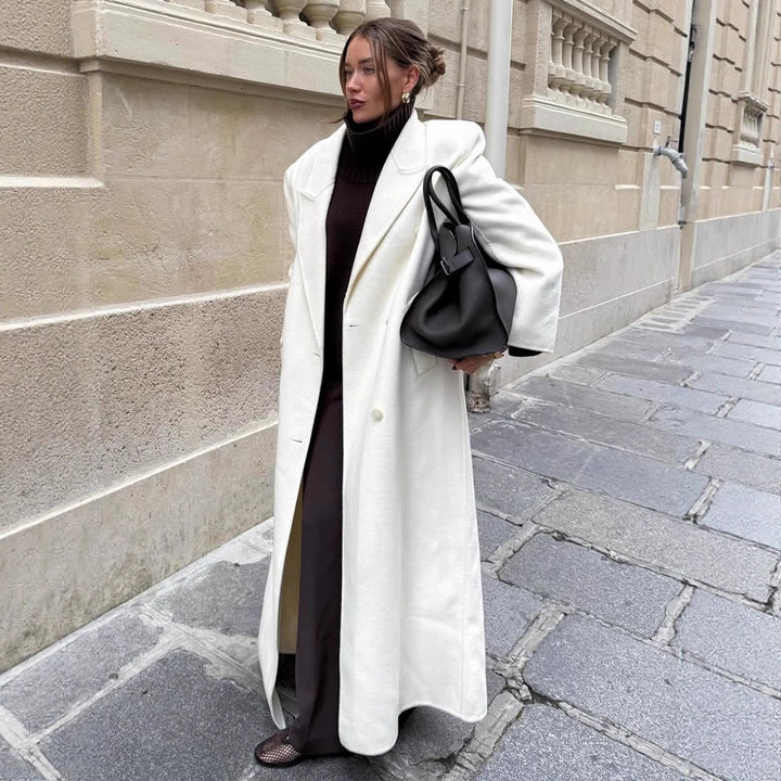 Women's Maxi Double-Breasted Wool Blend Coat with Oversized Cut and Lapel Collar Amarae