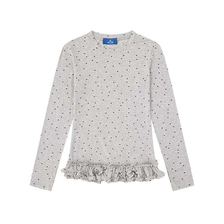 Women's long-sleeve shirt with ruffled hem and polka dot all-over print
