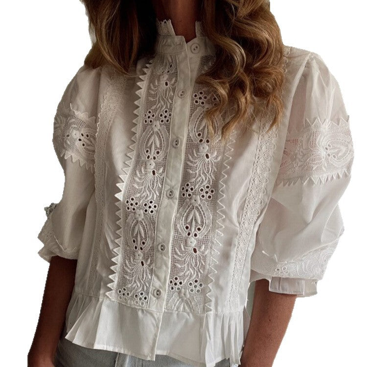 Ladies Broderie-Anglaise blouse with stand-up collar, ruffled hem and balloon sleeves Amarae