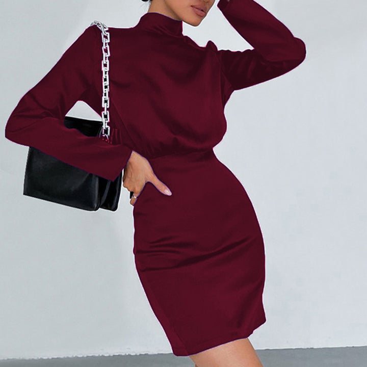 Ladies Elegant Tiny Dress with High Collar and Chic Long Sleeves