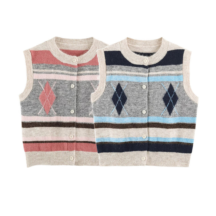 Ladies Sleeveless Argyle Knitted Vest with Continuous Button Placket and Ribbed Hem Amarae