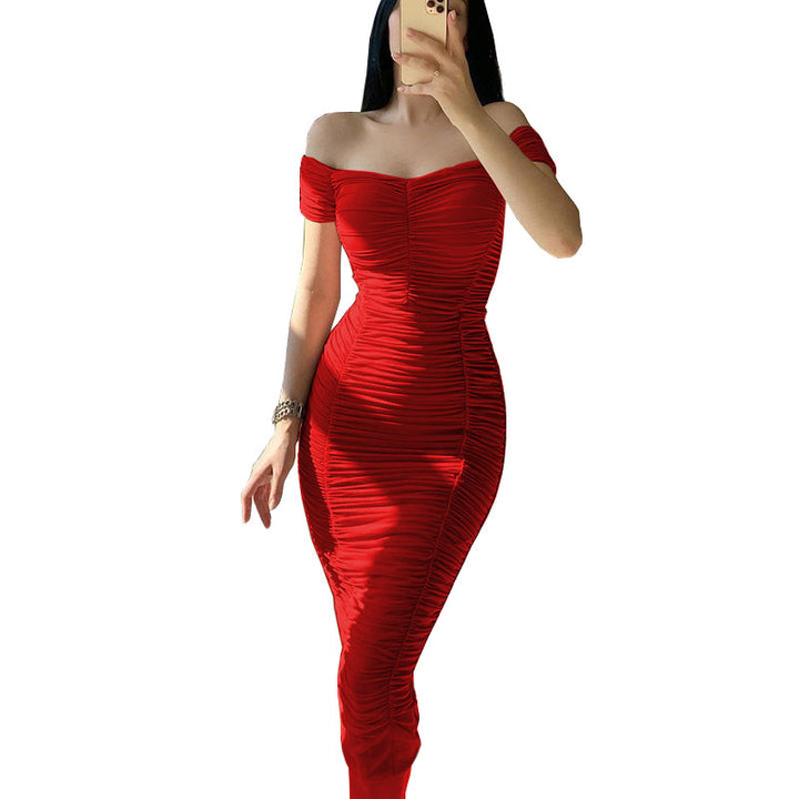 Mini fitted dress for women with Bardot neckline and ruching Lune London