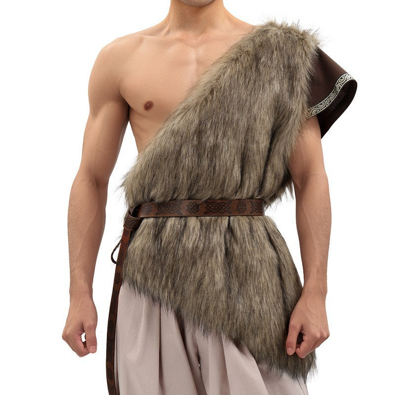 Unisex shoulder cape made of faux fur with decorative leather belt and asymmetrical cut Amarae