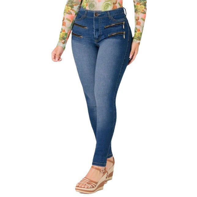 Women's High-Waisted Slim-Fit Jeans with Decorative Front Zippers Amarae