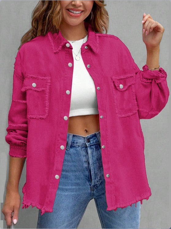 Women's Oversized Denim Utility Jacket with Frayed Edges and Flap Pockets Amarae