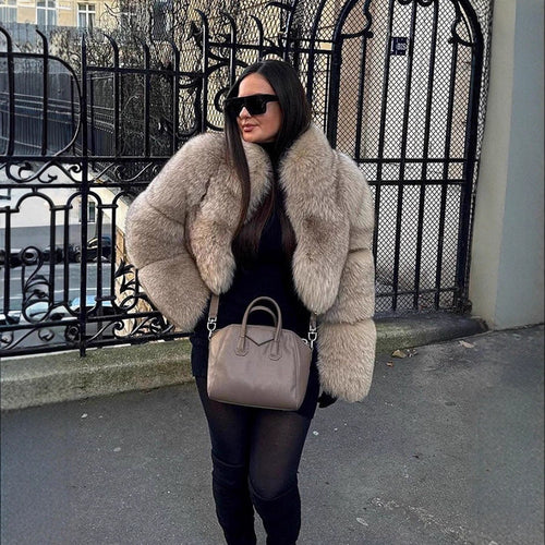 Women's Short Cut Luxury Faux Fur Blouson with Voluminous Shawl Collar Amarae