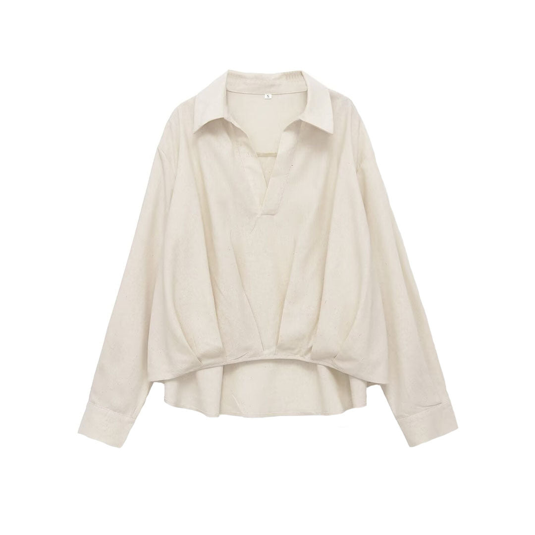 Women's Oversized Linen Blouse with Open V-Neck and Gathered Hem Amarae