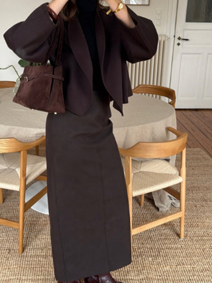 Women Two-Piece Tailoring Set with Cropped Blazer and High-Waisted Pencil Midi Skirt Amarae