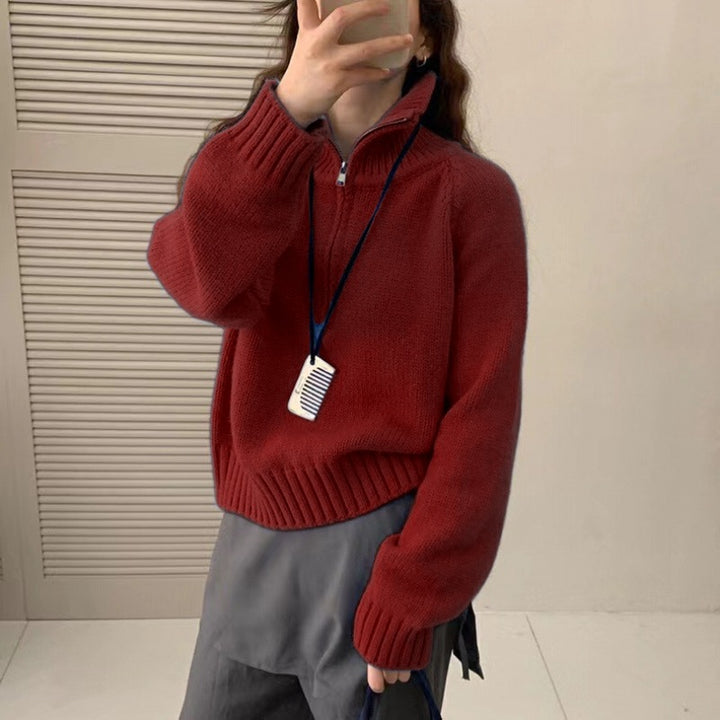 Pull en tricot confortable pour femmes avec col montant et fermeture éclair