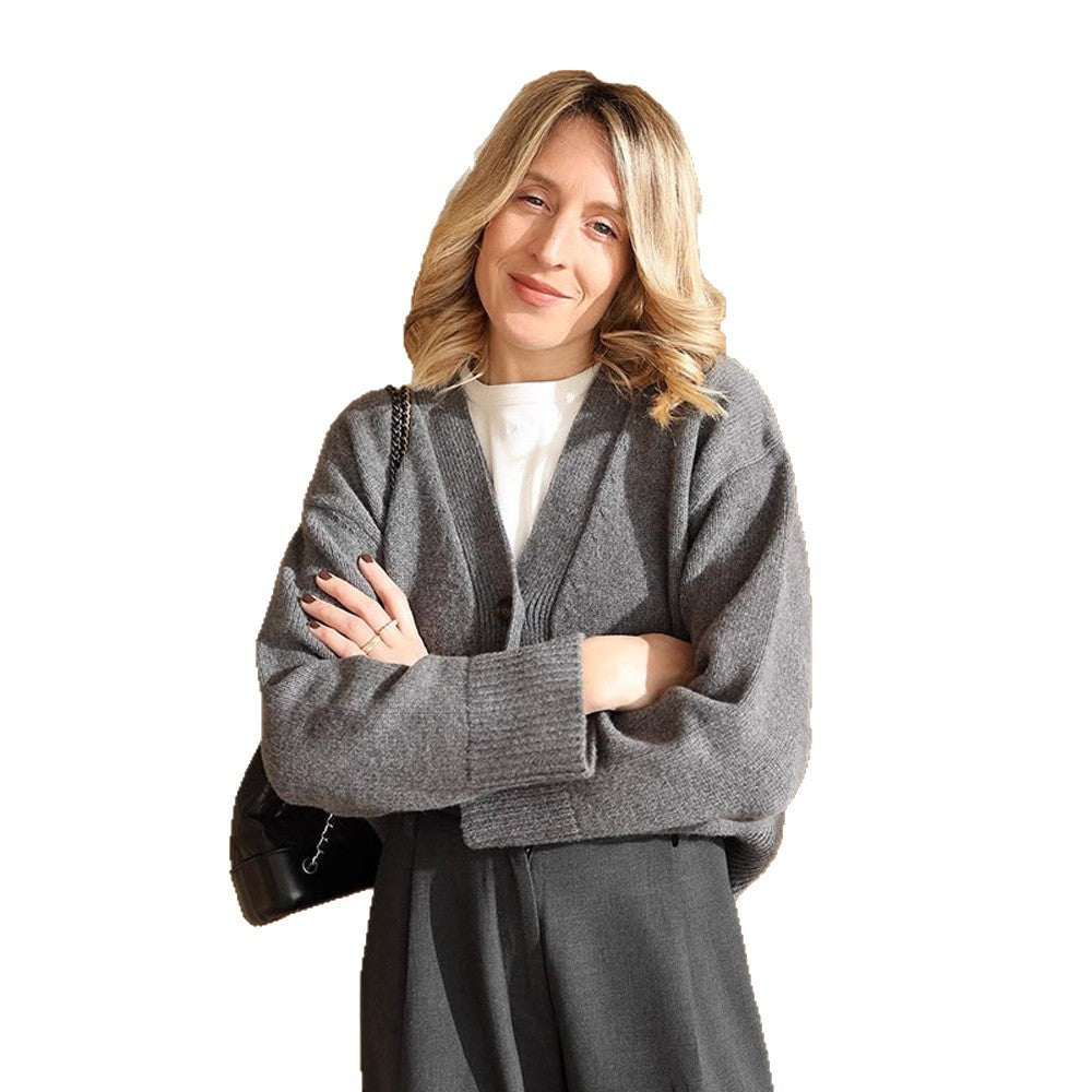 Women's Boxy Cardigan with V-Neck, Patch Pockets, and Horn Buttons Amarae