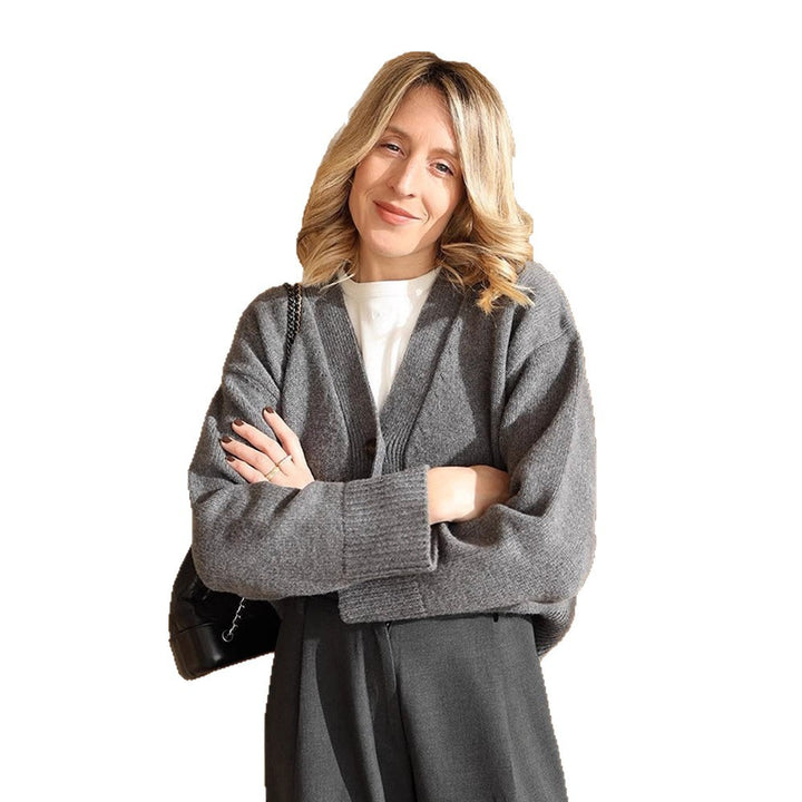 Women's Boxy Cardigan with V-Neck, Patch Pockets, and Horn Buttons Amarae