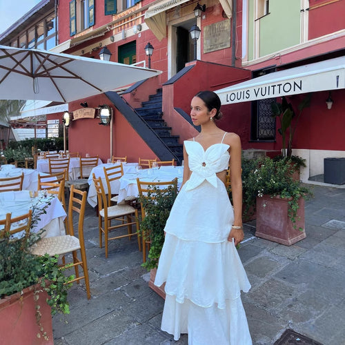 Maxi dress for women with a refined gathered design and a playful knot detail Amarae