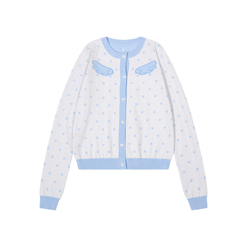 Women's Short Cropped Dotted Cardigan with Angel Wing Motif and Ribbed Cuffs Amarae