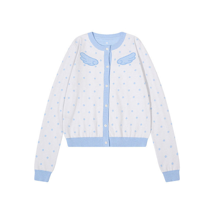 Women's Short Cropped Dotted Cardigan with Angel Wing Motif and Ribbed Cuffs Amarae