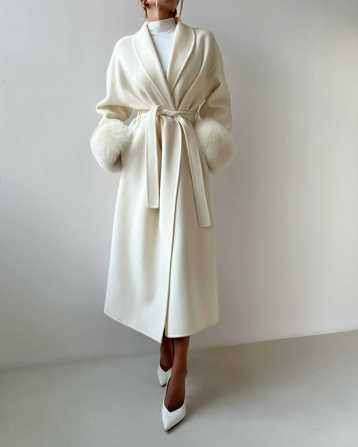 Ladies Elegant Long Coat with Removable Fur Sleeves Lune London