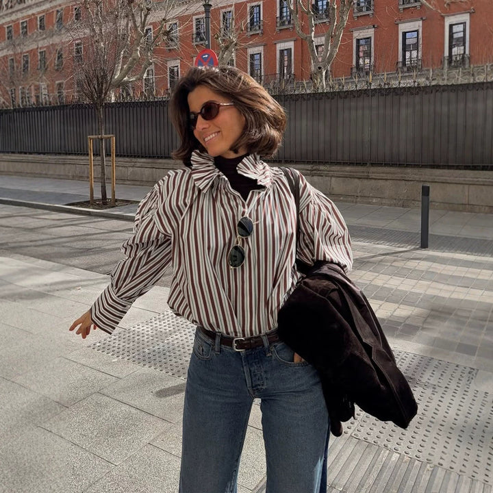 Women Striped Oversized Blouse with Ruffled Collar & Voluminous Puff Sleeves Amarae