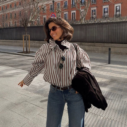 Women Striped Oversized Blouse with Ruffled Collar & Voluminous Puff Sleeves Amarae