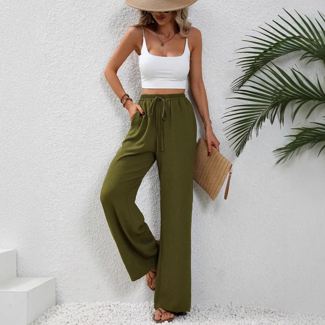 Women's Light Palazzo Pants with Elastic Waistband, Drawstring, and Side Pockets Amarae