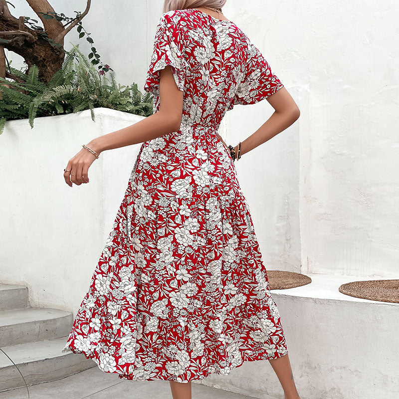 Midi floral print dress for women with V-neck and floating short sleeves Lune London