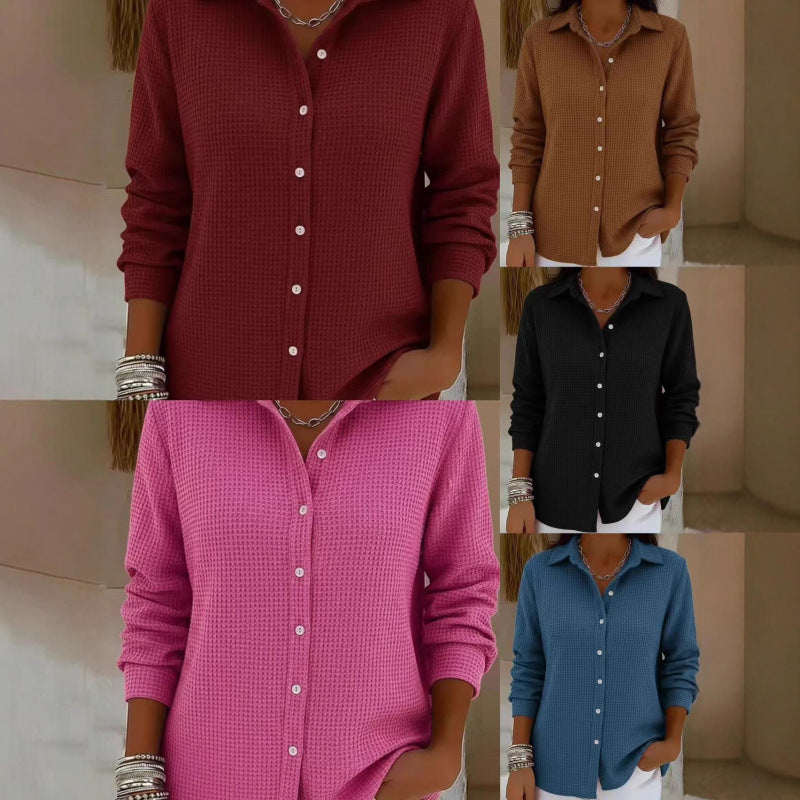 Women's Structured Shirt Blouse in Waffle Knit with Classic Collar and Continuous Button Placket Amarae