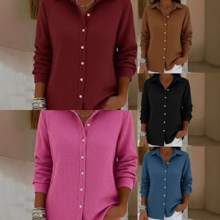 Women's Structured Shirt Blouse in Waffle Knit with Classic Collar and Continuous Button Placket Amarae
