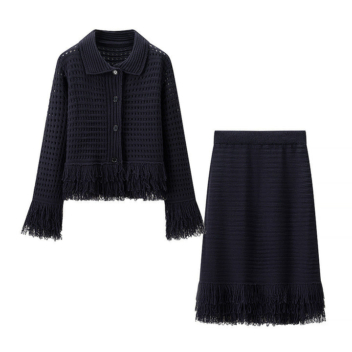 Women Structured Knit Jacket with Fringe Trim and Waist Peplum Amarae