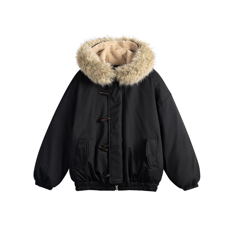 Unisex Padded Hooded Jacket in Boxy Cut with Teddy Lining, Faux Fur Collar and Toggle Closures Amarae