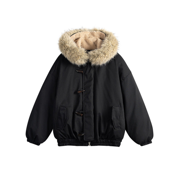 Unisex Padded Hooded Jacket in Boxy Cut with Teddy Lining, Faux Fur Collar and Toggle Closures Amarae