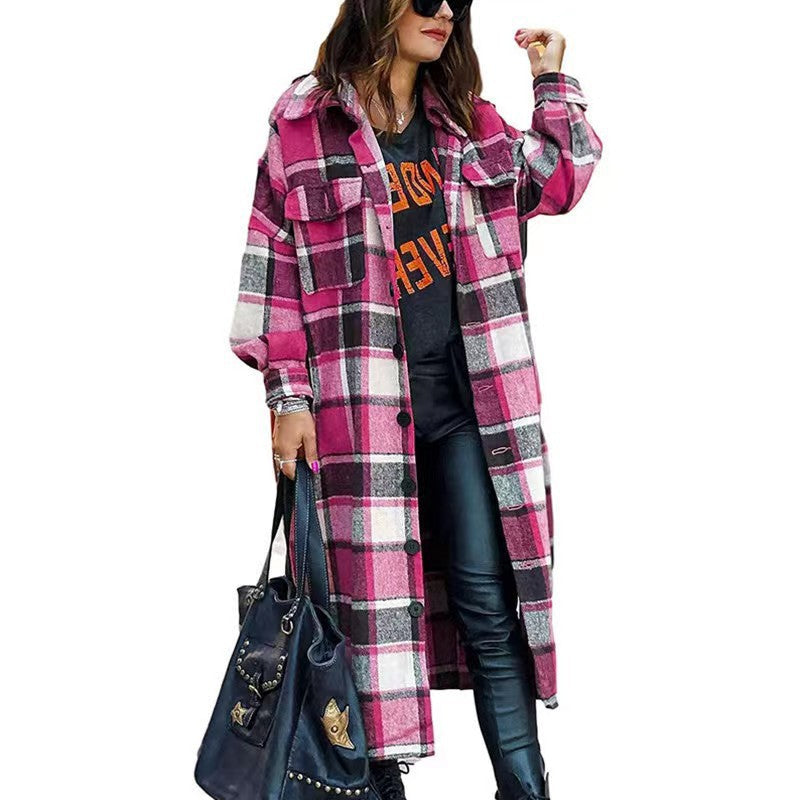 Ladies Long Sleeve Wool Coat with Plaid Pattern and Practical Pockets Lune London