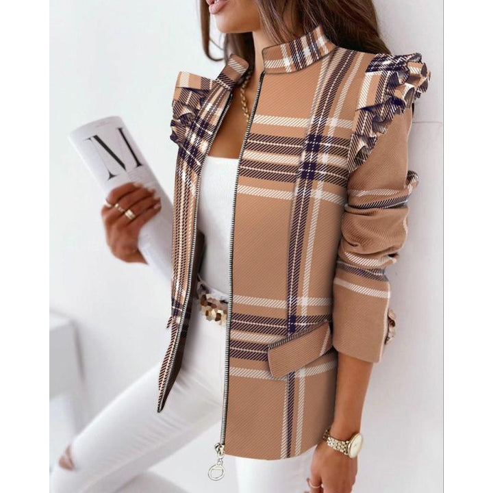 Women's leopard print statement jacket with ruffle shoulder and zipper Amarae