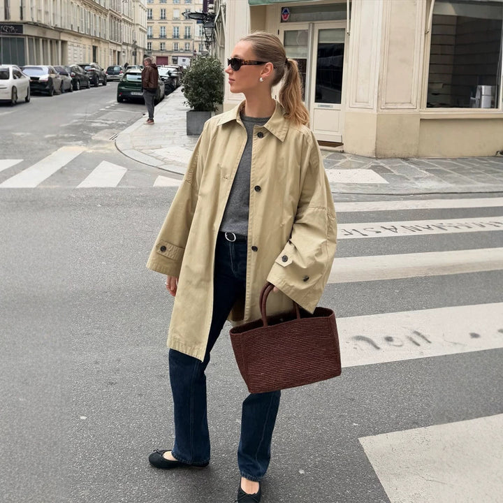 Women's Oversize Cotton Blend Trench Coat with Mid-Length, Straight Cut Amarae