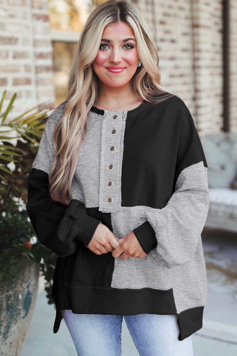 Women's Oversized Long Sleeve Sweatshirt in Colorblock with Henley Button Placket and Balloon Sleeves Amarae